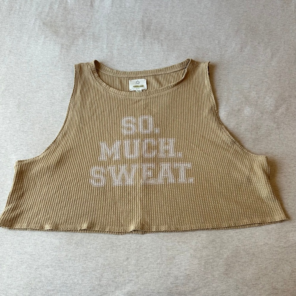 OFFLINE by Aerie Womens XL So Much Sweat Waffle Knit Muscle Tank Top Tan Cropped